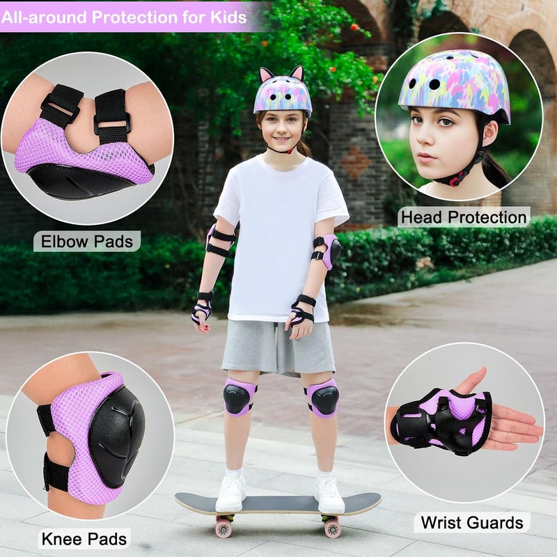 FIODAY Kids Helmet, Bike Helmets for Kids 8-14 with Knee Pads and Elbow Pads Wrist Guards, Adjustable Youth Girls Bike Helmet with DIY Cat Ears Skateboard Helmet for Scooter Skating Cycling - Image 2